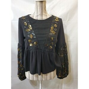 Anthropologie Neale Sequined Balloon Sleeve Peplum Top XS blouse black gold EUC‎